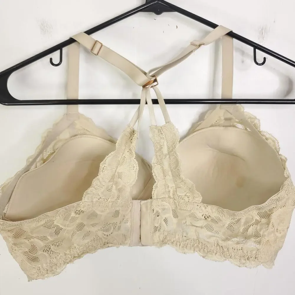 Aerie Bra Womens 36B Lace Bralette Padded Cups Strappy Crossed Back Cream